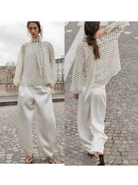 Zara Cream Polka Dot High-Neck Blouse
